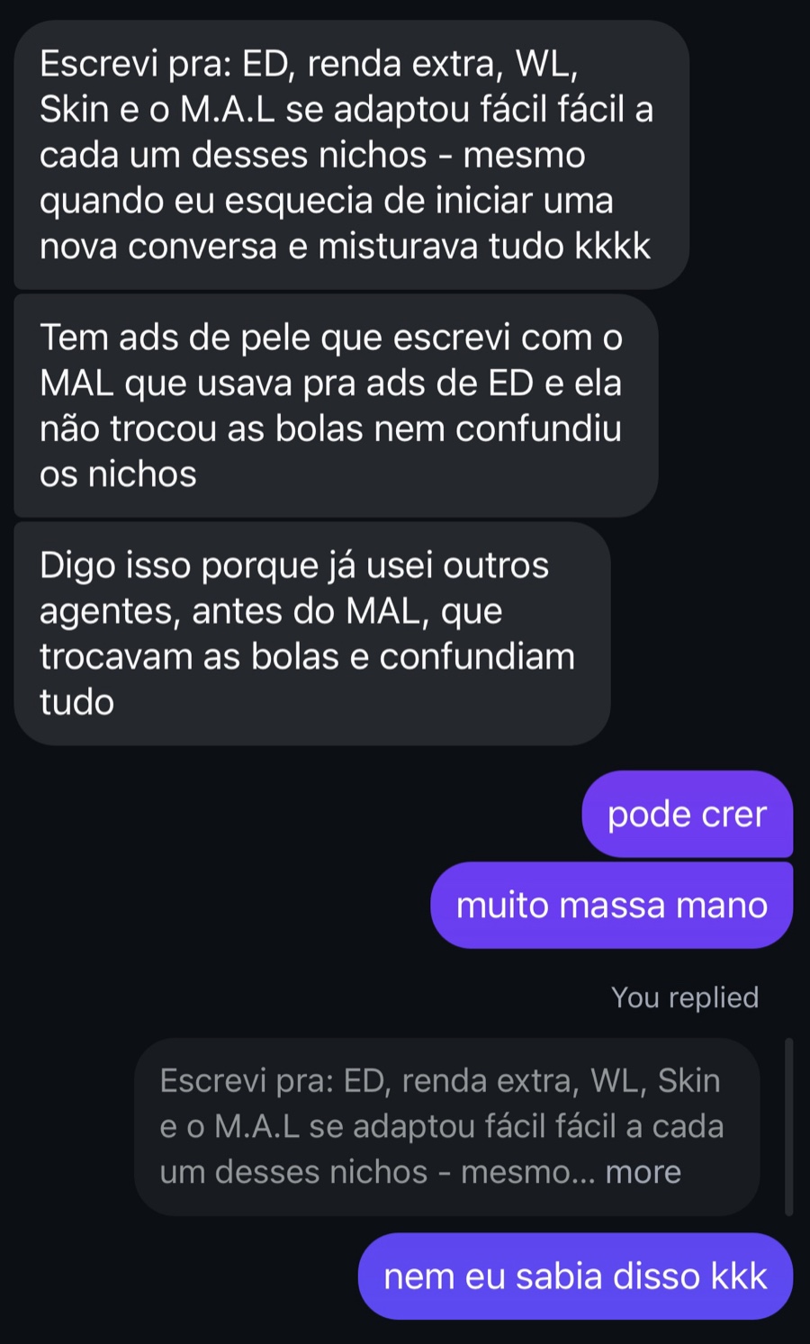 Print de mensagem: MAL se adaptou fácil a nichos de ED, renda extra, WL e Skin