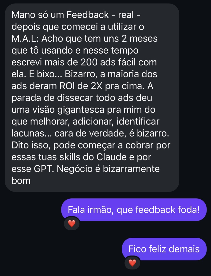 Print de feedback: mais de 200 ads escritos em 2 meses, maioria com ROI acima de 2X