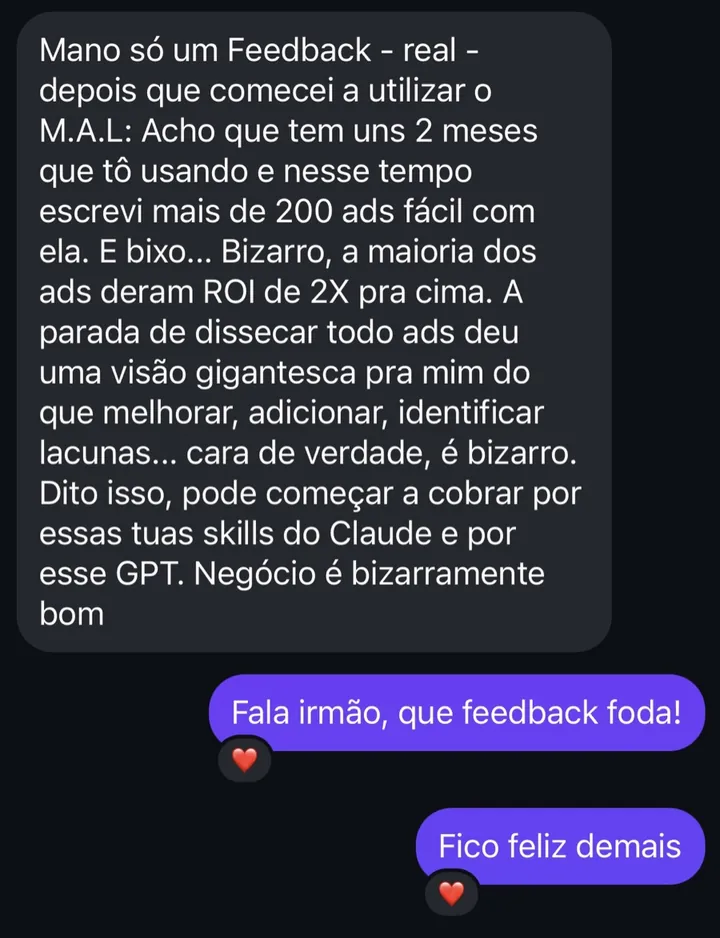 Print de feedback: mais de 200 ads escritos em 2 meses, maioria com ROI acima de 2X