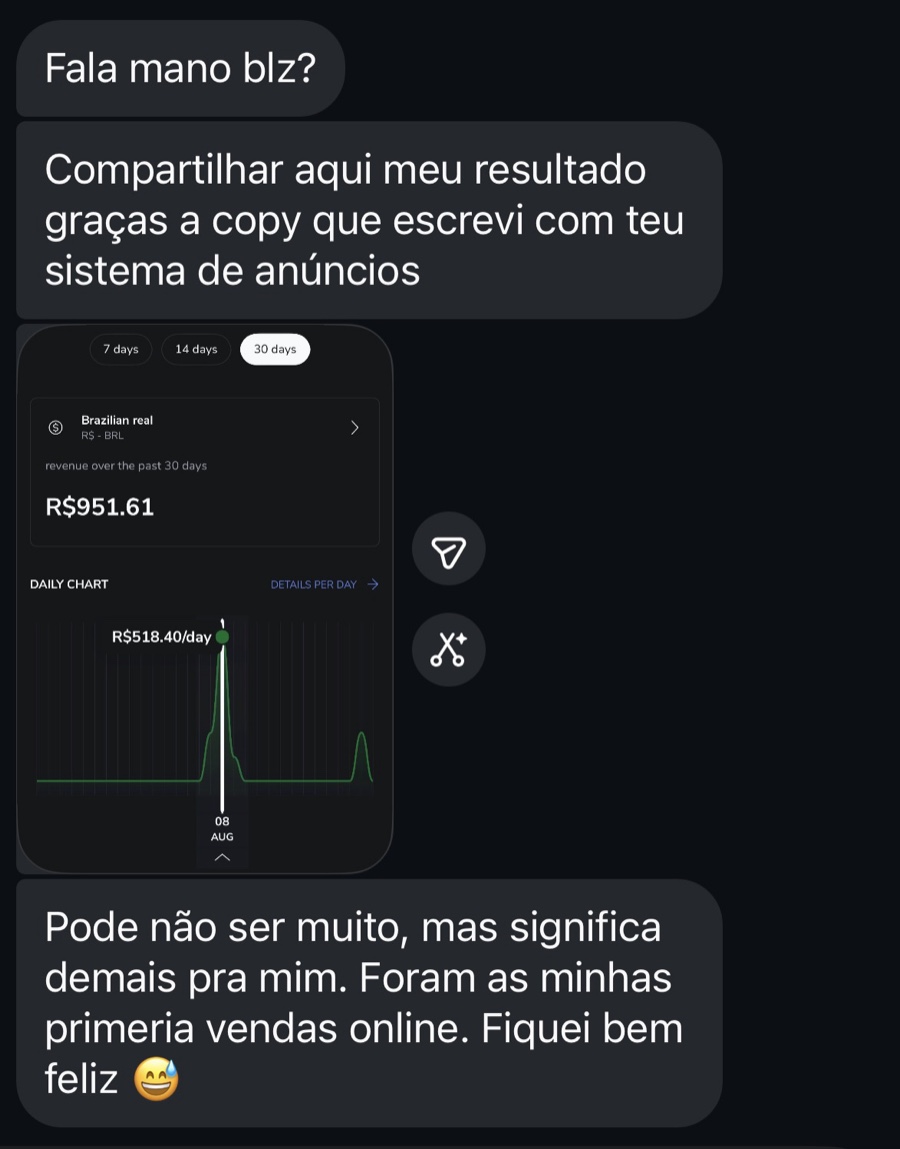 Print de WhatsApp: primeiras vendas online com copy escrita com o sistema
