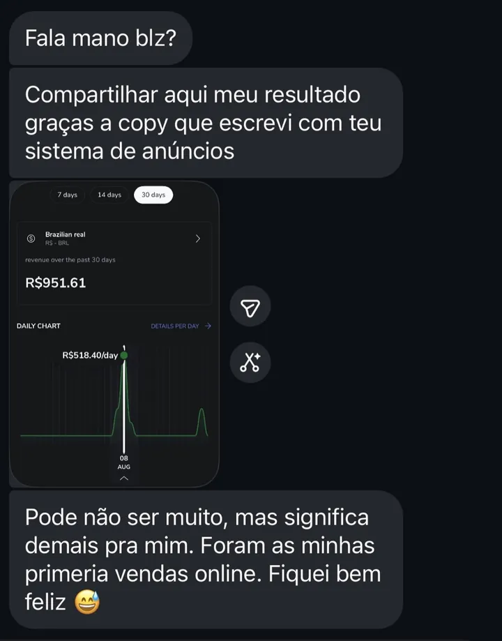 Print de WhatsApp: primeiras vendas online com copy escrita com o sistema