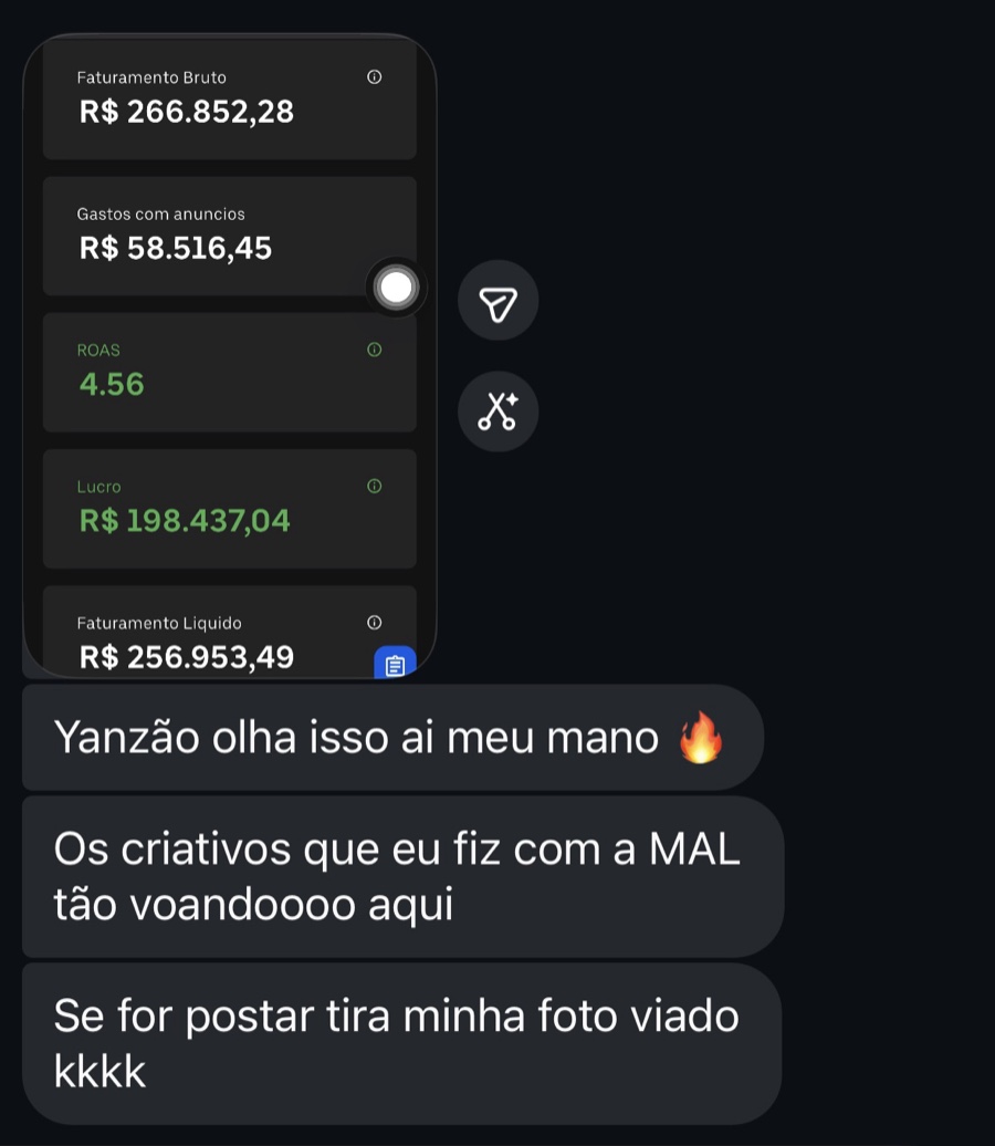 Print de resultado: R$266 mil de faturamento e ROAS 4.56 com criativos feitos com a MAL