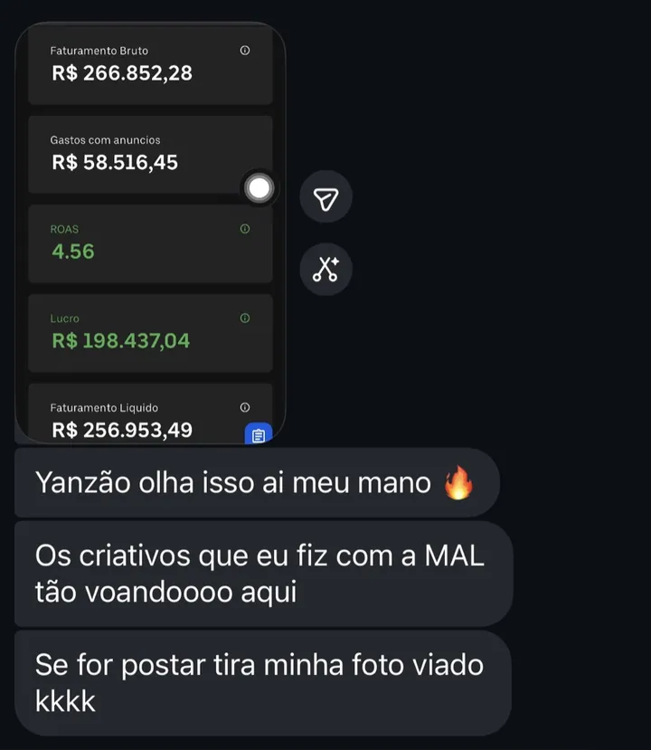 Print de resultado: R$266 mil de faturamento e ROAS 4.56 com criativos feitos com a MAL
