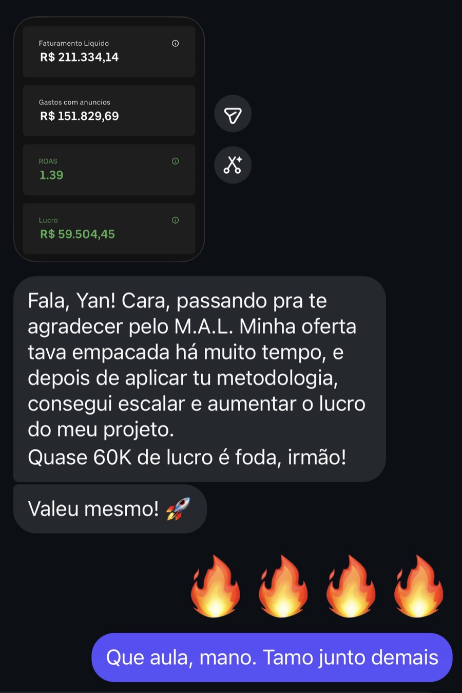 Print de WhatsApp: R$211 mil de faturamento e quase R$60 mil de lucro depois de aplicar a metodologia MAL